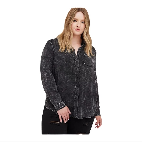 Torrid Black Mineral Wash Collared Button Down LongSleeve Shirt- 1 1X 14/16 NWT - Picture 5 of 6